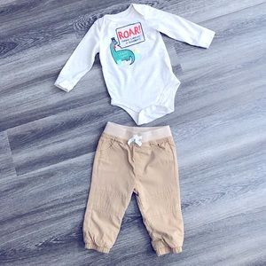 Cat & Jack NEW 6-9 months baby boy lined beige pants and long sleeve onesie set